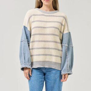 Lavender J Striped Knit Sweater Denim Balloon Sleeve Patchwork Pullover Boho M